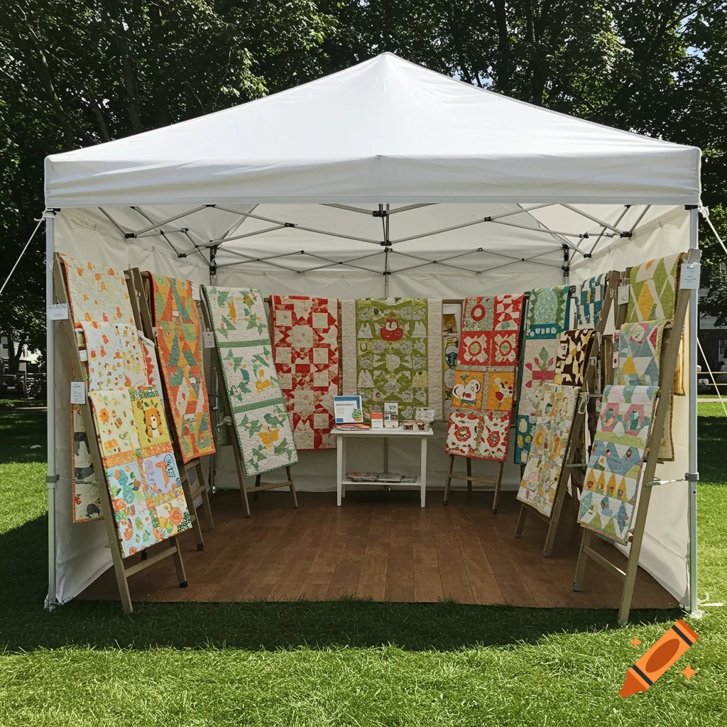 A white tent displays colorful quilts hanging from wooden ladders.