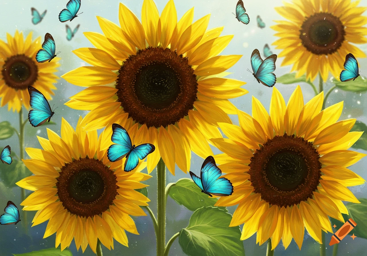 Bright yellow sunflowers with blue morpho butterflies flying around them.