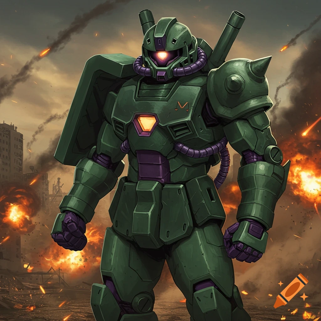 Green mecha robot stands in a ruined city with explosions behind it, detailed illustration style.