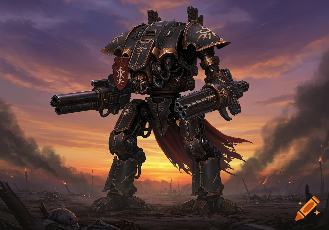 A large, dark robotic walker armed with cannons stands in a battle-scarred landscape at sunset.