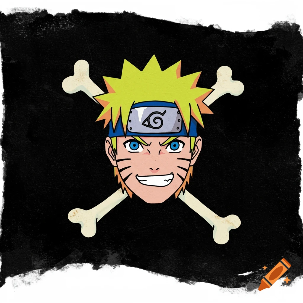 Cartoon illustration of Naruto's head with a Konoha headband and crossed bones against a black background.