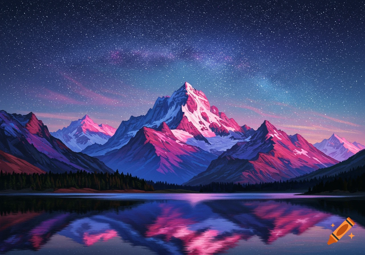 Stylized painting of mountains reflected in a lake under a starry night sky.