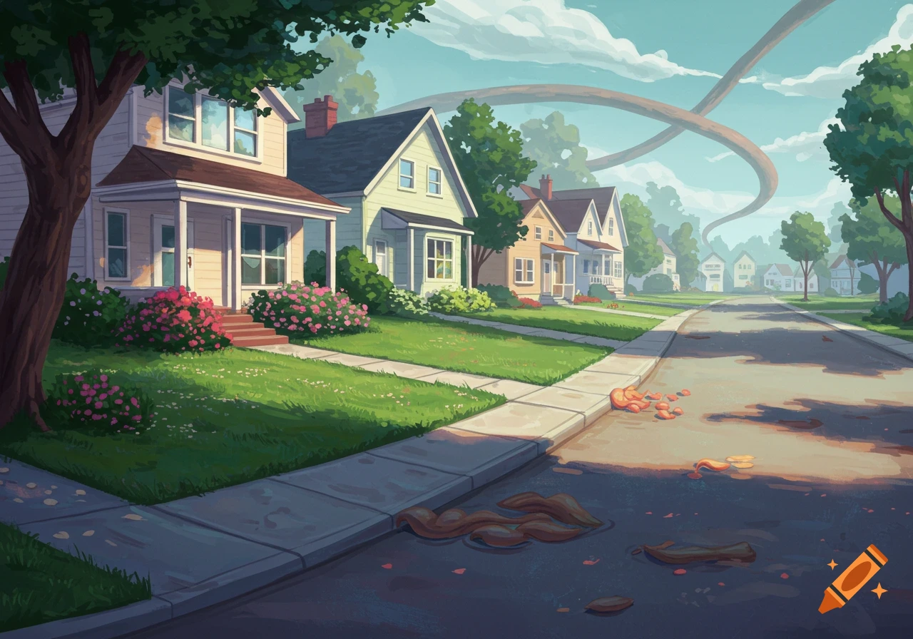 Illustration of a suburban street with houses, trees, strange objects on the ground, and a large structure in the sky.