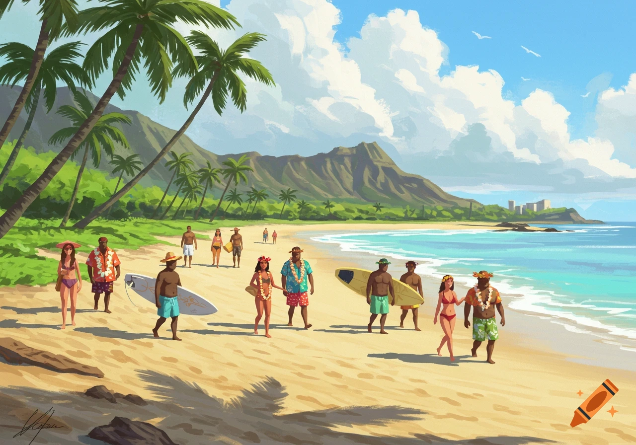 People walk on a sunny tropical beach with palm trees and mountains in the background, illustration style.