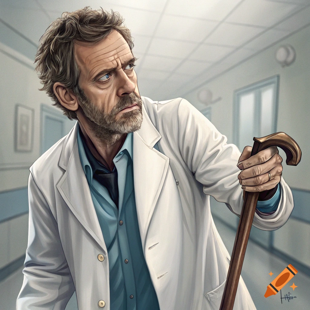 Illustration of Dr. House in a hospital hallway, holding a cane and looking to the side.