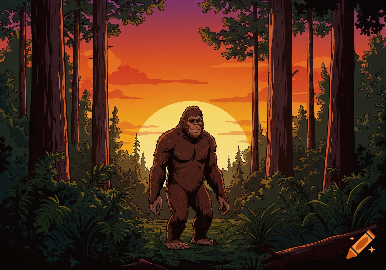 Bigfoot walks through a forest at sunset in vintage comic style.