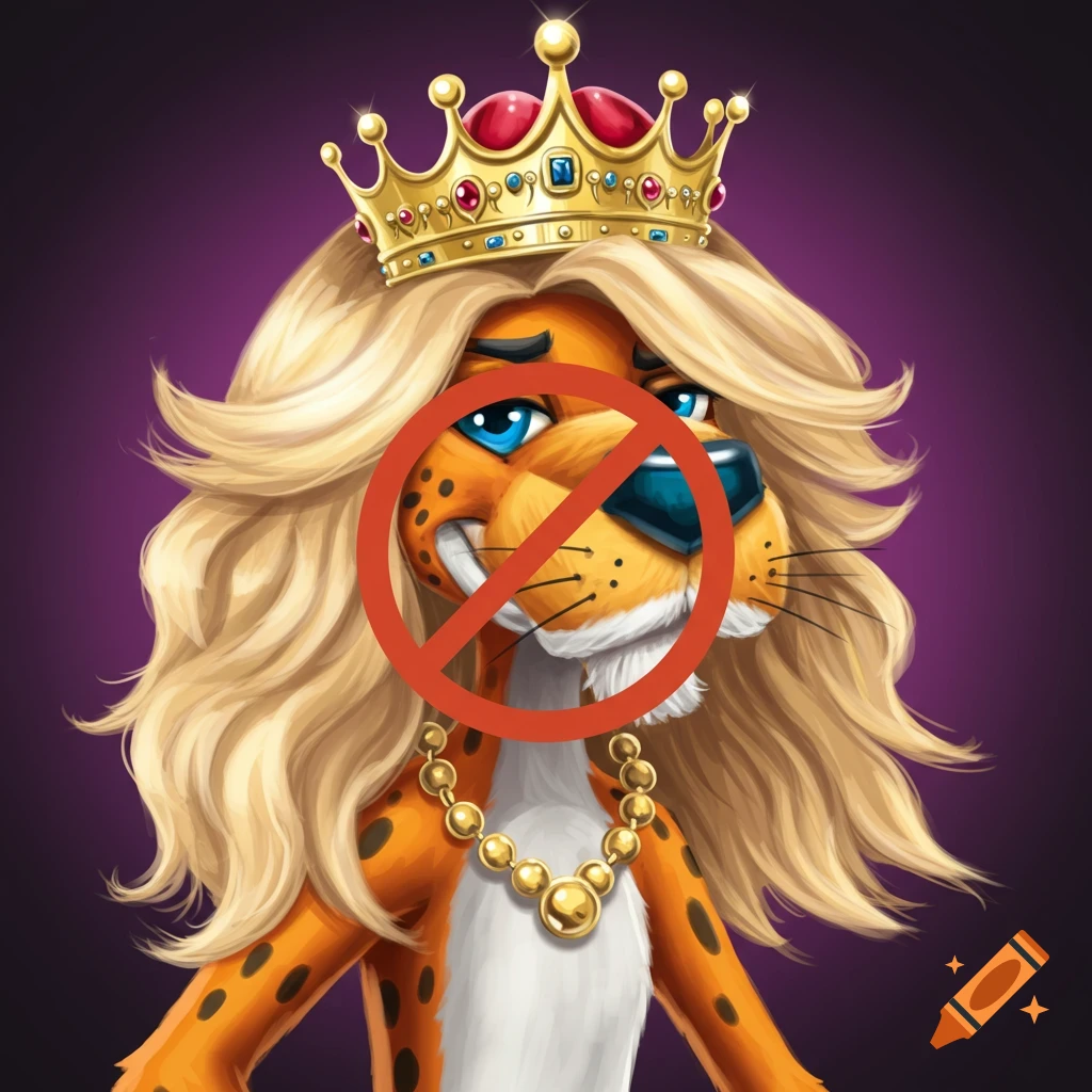 Cartoon cheetah wearing a crown and necklace, overlaid with a red 'no' symbol.