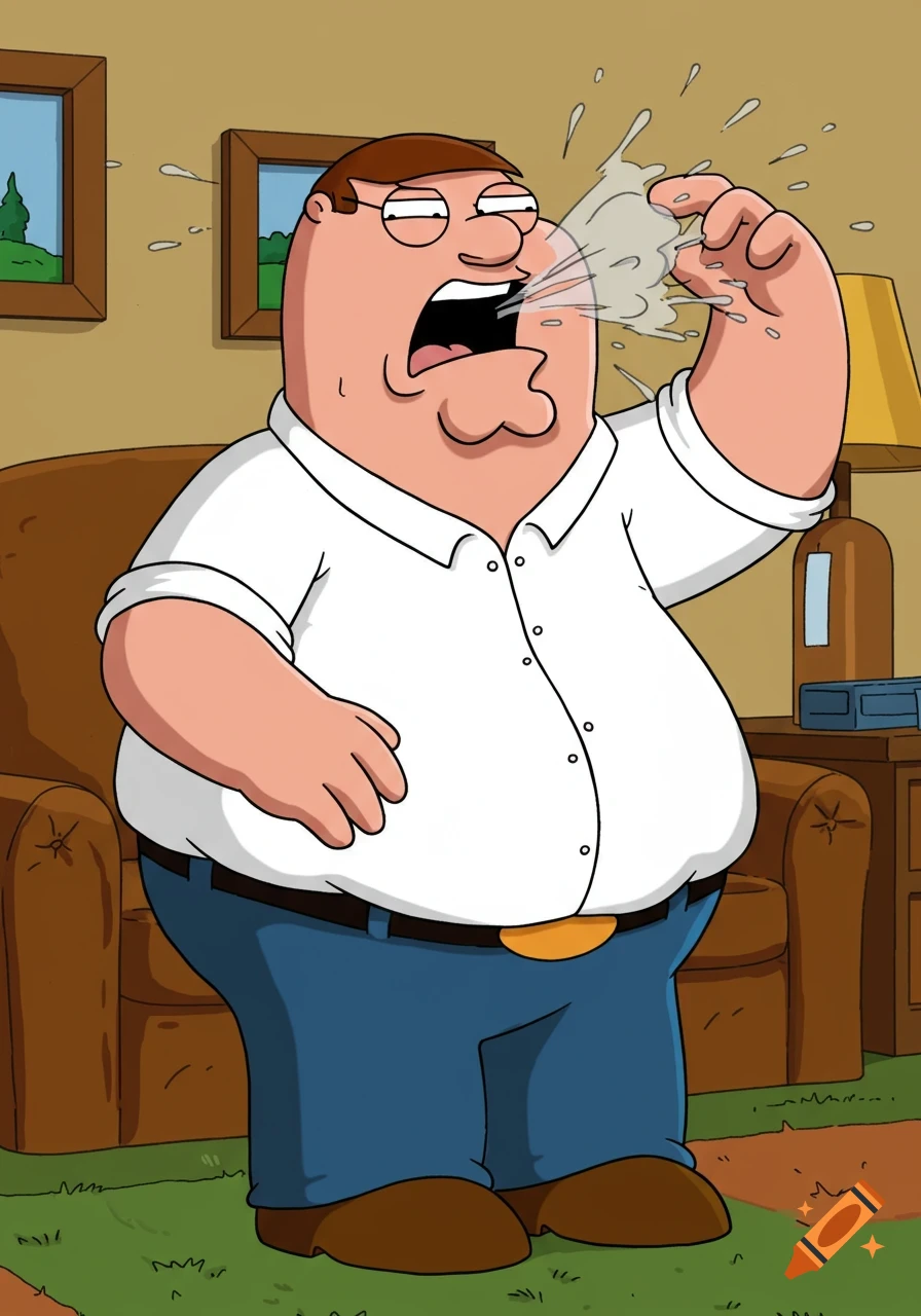 Peter Griffin from Family Guy sneezing in his living room