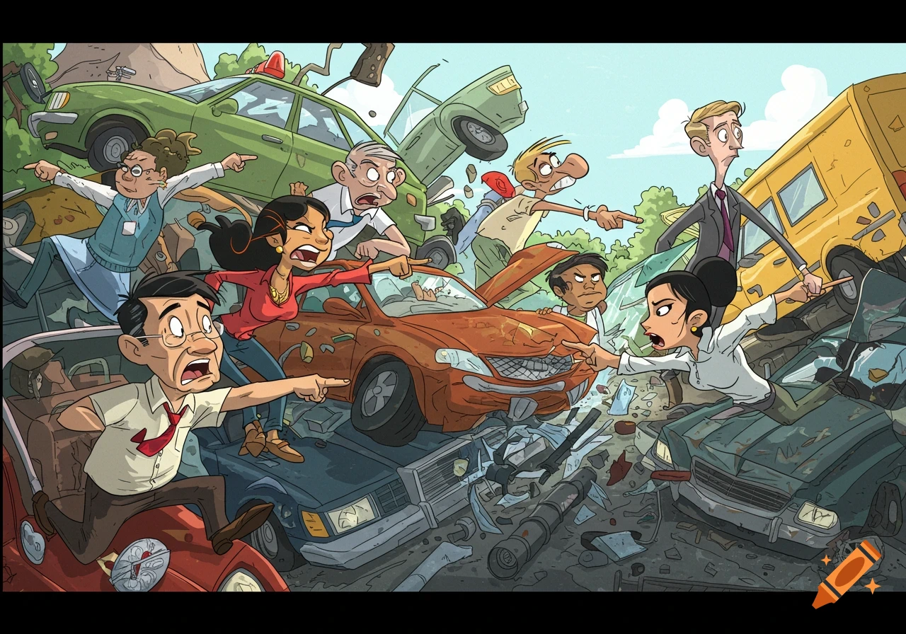 Cartoon illustration of people blaming each other for a chaotic car accident.