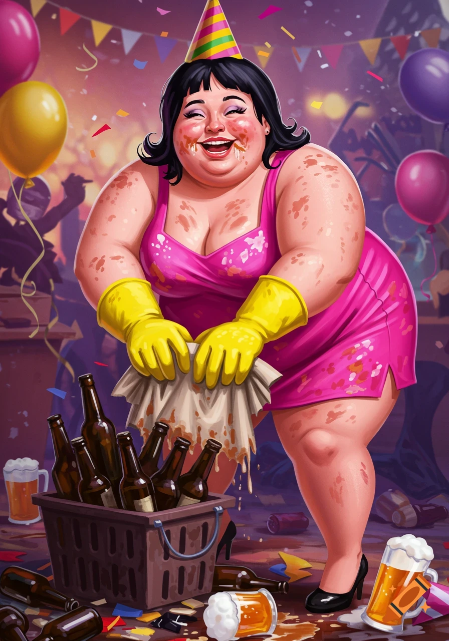 Cartoon illustration of a chubby woman in a party hat and gloves cleaning up spilled beer and bottles.