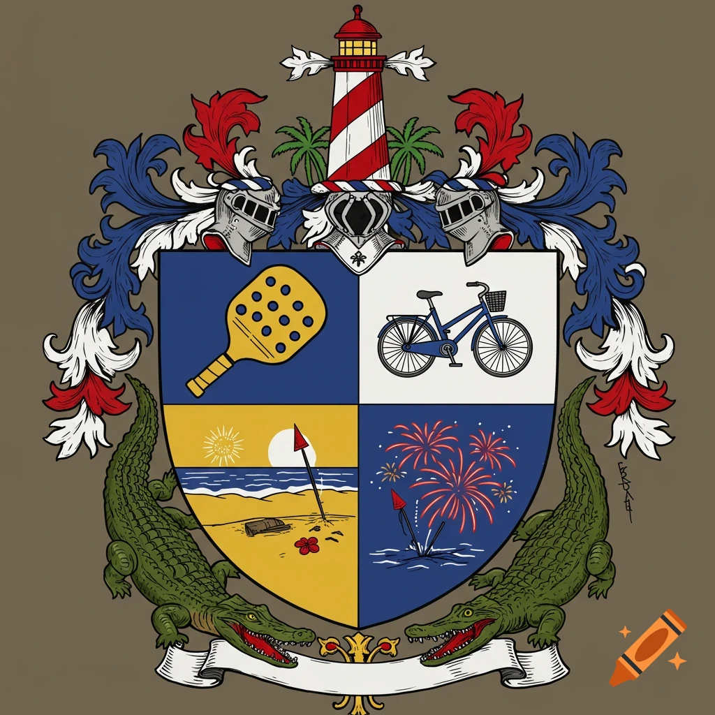 Illustrative coat of arms with a shield featuring a pickleball paddle, bicycle, beach, fireworks, supported by alligators, topped by a lighthouse & palms.