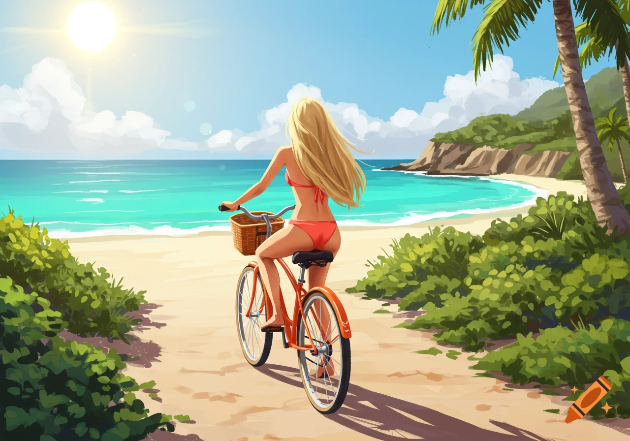 A woman in a bikini rides a bike on a tropical beach.