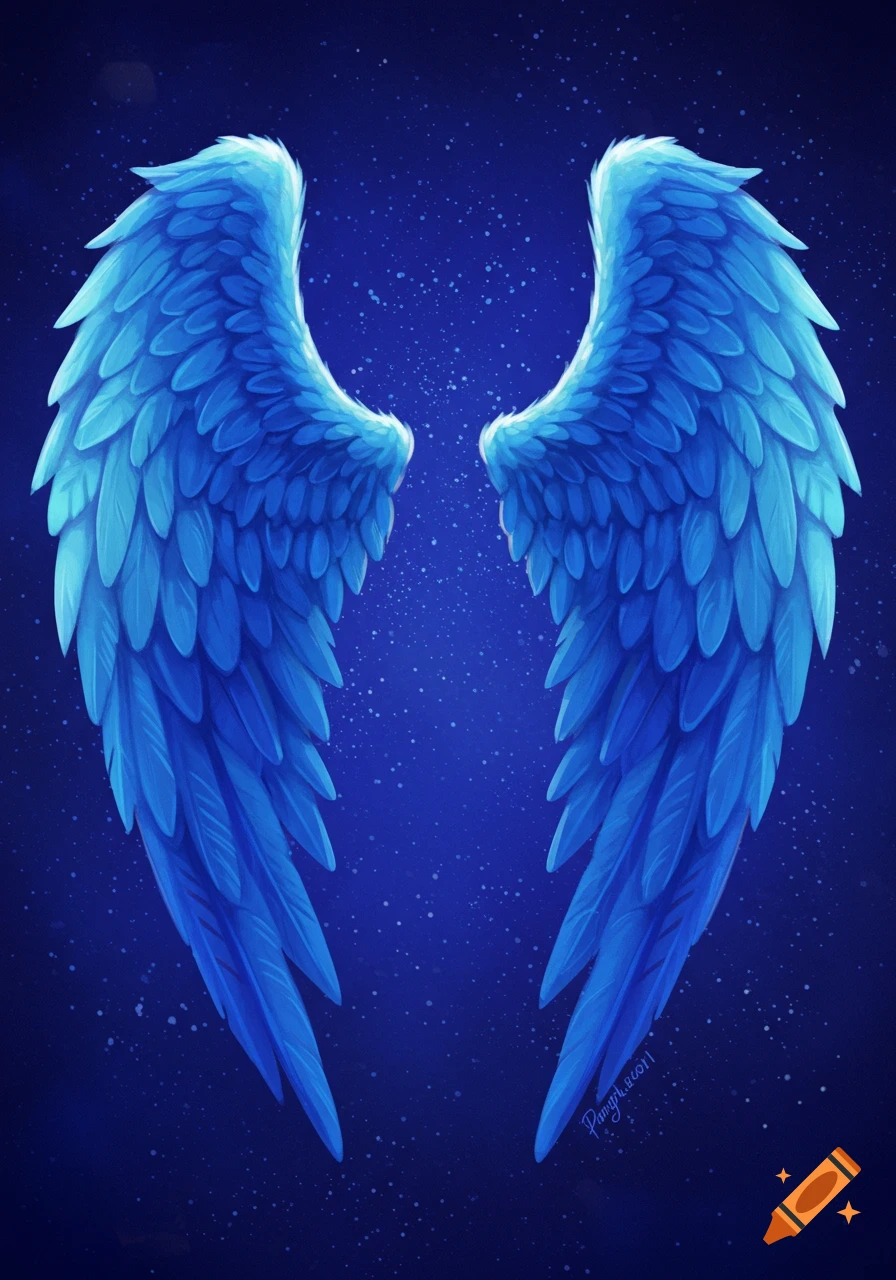 Illustration of glowing blue angel wings against a dark starry background.