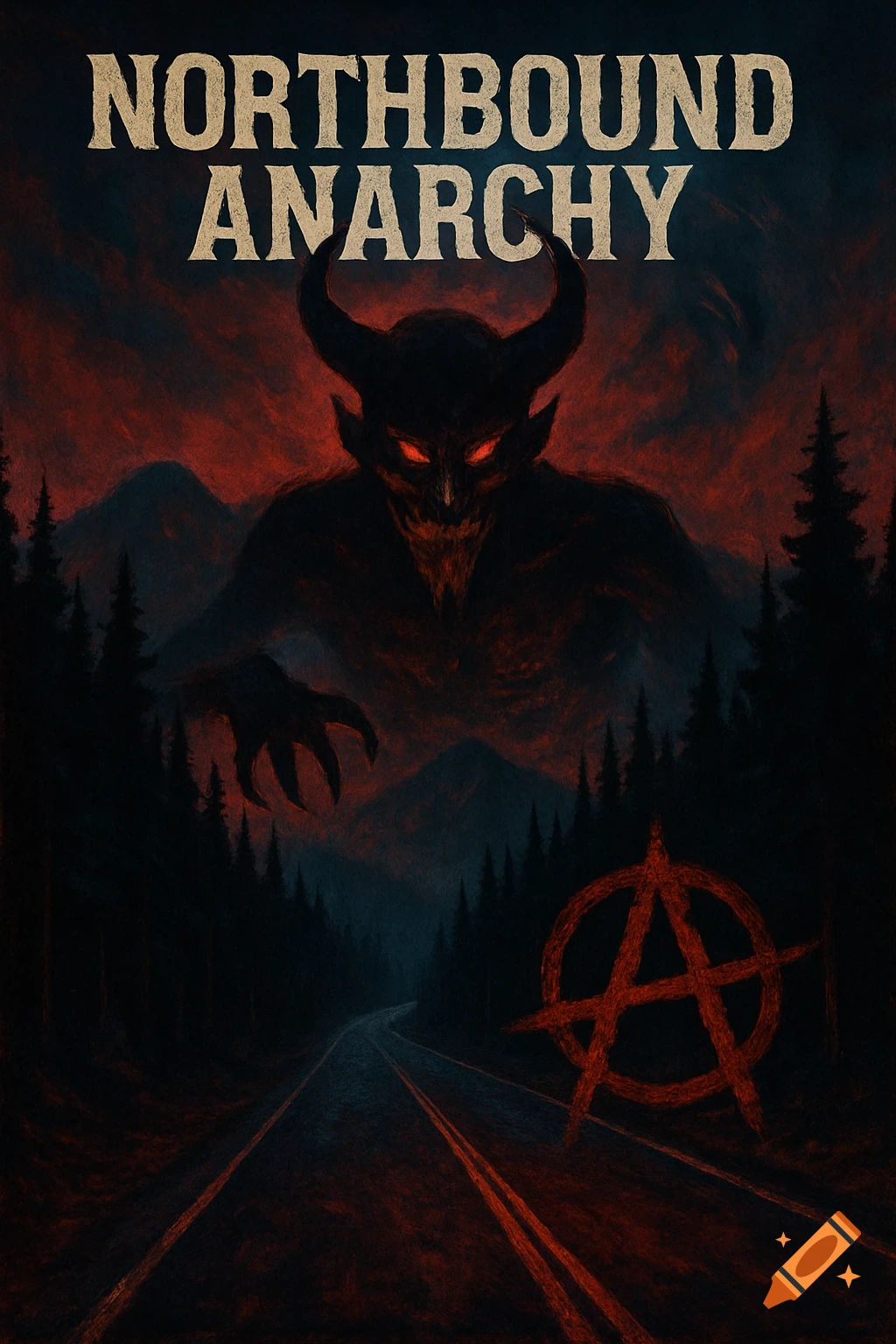 A dark illustration of a demon over a road and forest with an anarchy symbol and 'NORTHBOUND ANARCHY' text.