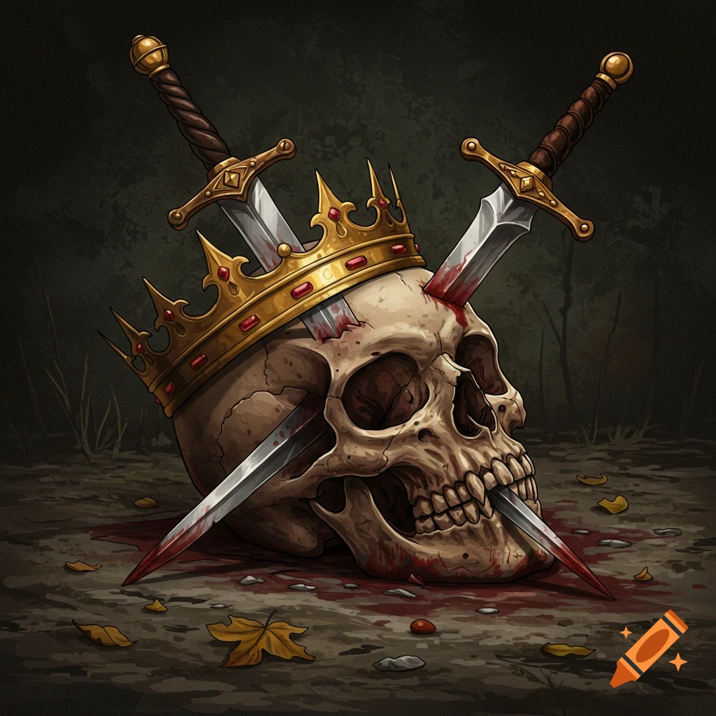 A skull wearing a crown is pierced by two swords, lying on bloody ground in flash tattoo style art.