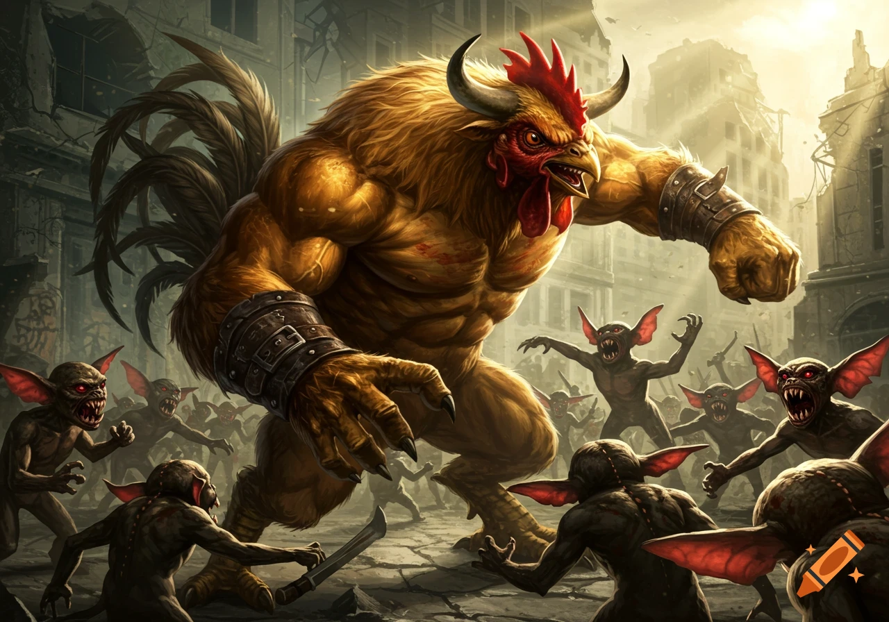 A muscular, rooster-headed creature fights a swarm of bat-eared monsters in a ruined city. Fantasy painting style.