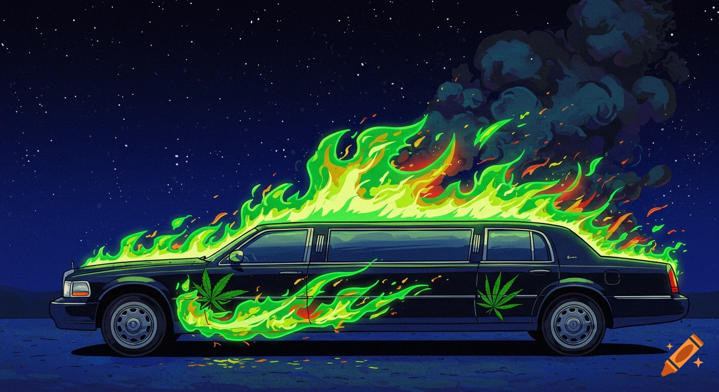 A black limousine burns with stylized green flames shaped like cannabis leaves under a starry night sky.