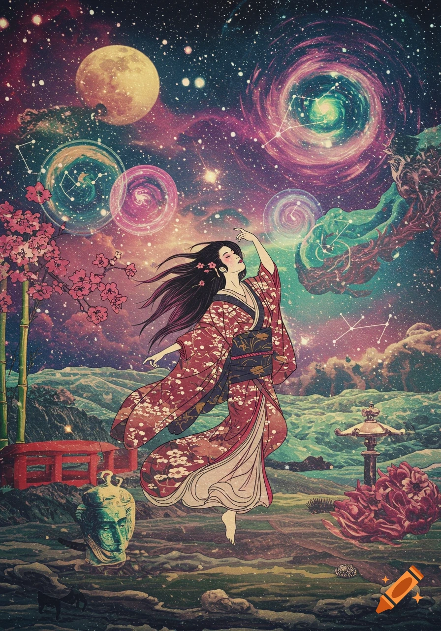 Woman in kimono dances in cosmic landscape with moon, stars, constellations, cherry blossoms, torii gate, and buddha statue.