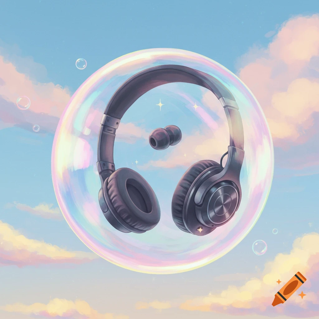 Headphones and earbuds floating inside a large bubble in a cloudy sky with smaller bubbles.