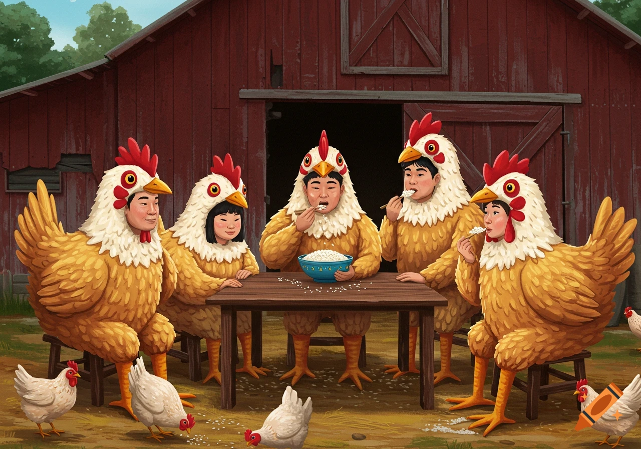 Five people in chicken costumes eat rice at a table in front of a barn while chickens peck on the ground.