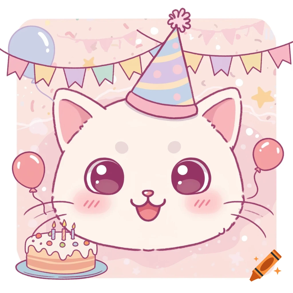 Cute cartoon white cat wearing a party hat with a birthday cake and ...
