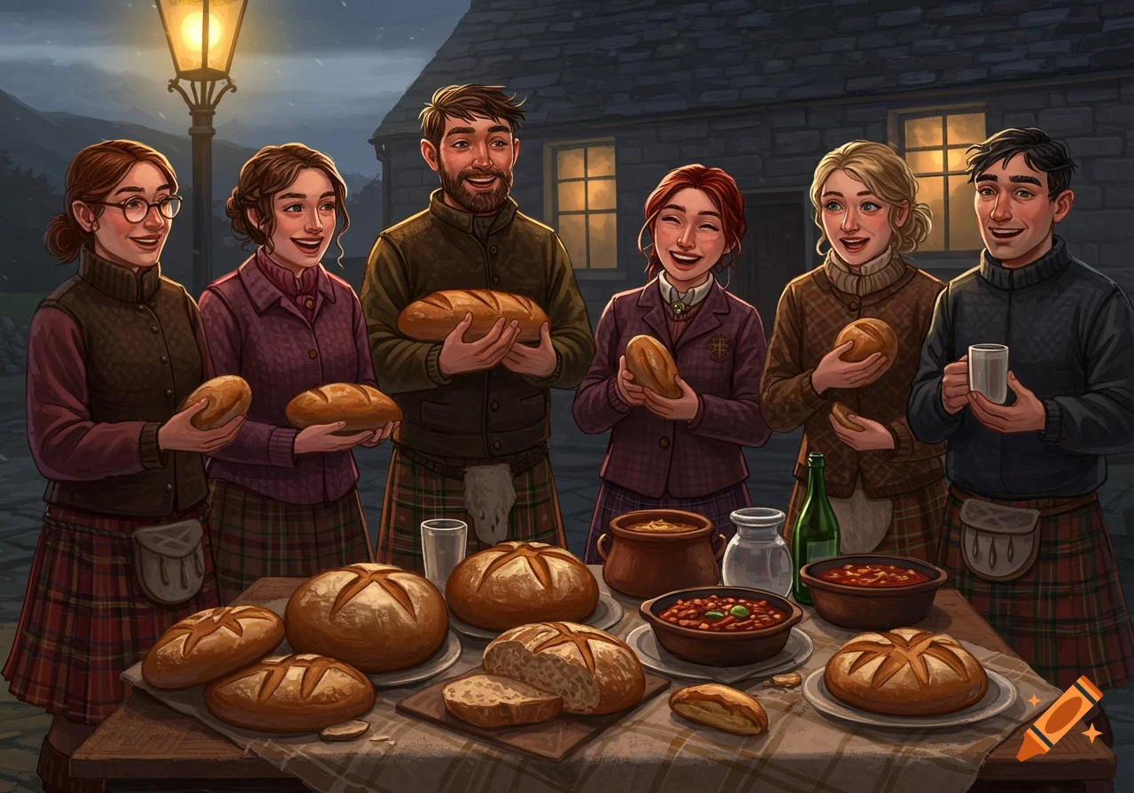 Six people in Scottish attire holding bread around a table laden with food.