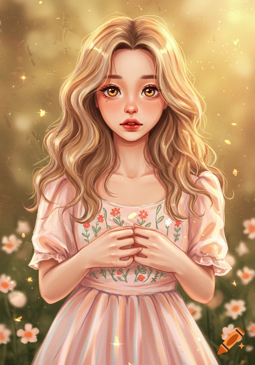 A stylized portrait of a young woman with long wavy blond hair and big amber eyes, wearing a pink floral dress, against a soft bokeh background with sparkles.
