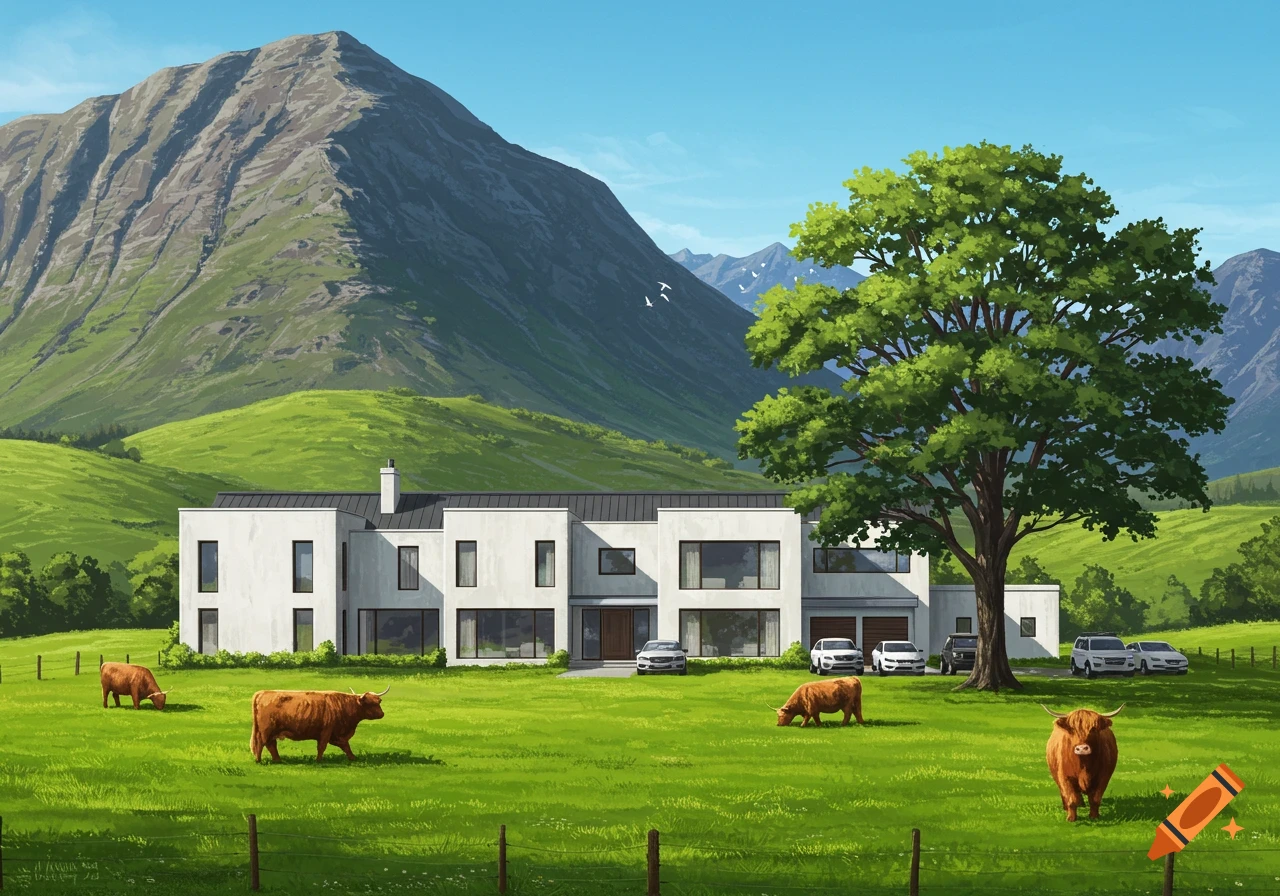 A modern white house sits in a green field with highland cows, cars, and a large tree, against a backdrop of mountains under a blue sky.