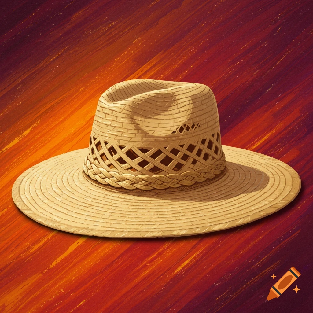 A woven straw hat on a textured orange and red background.