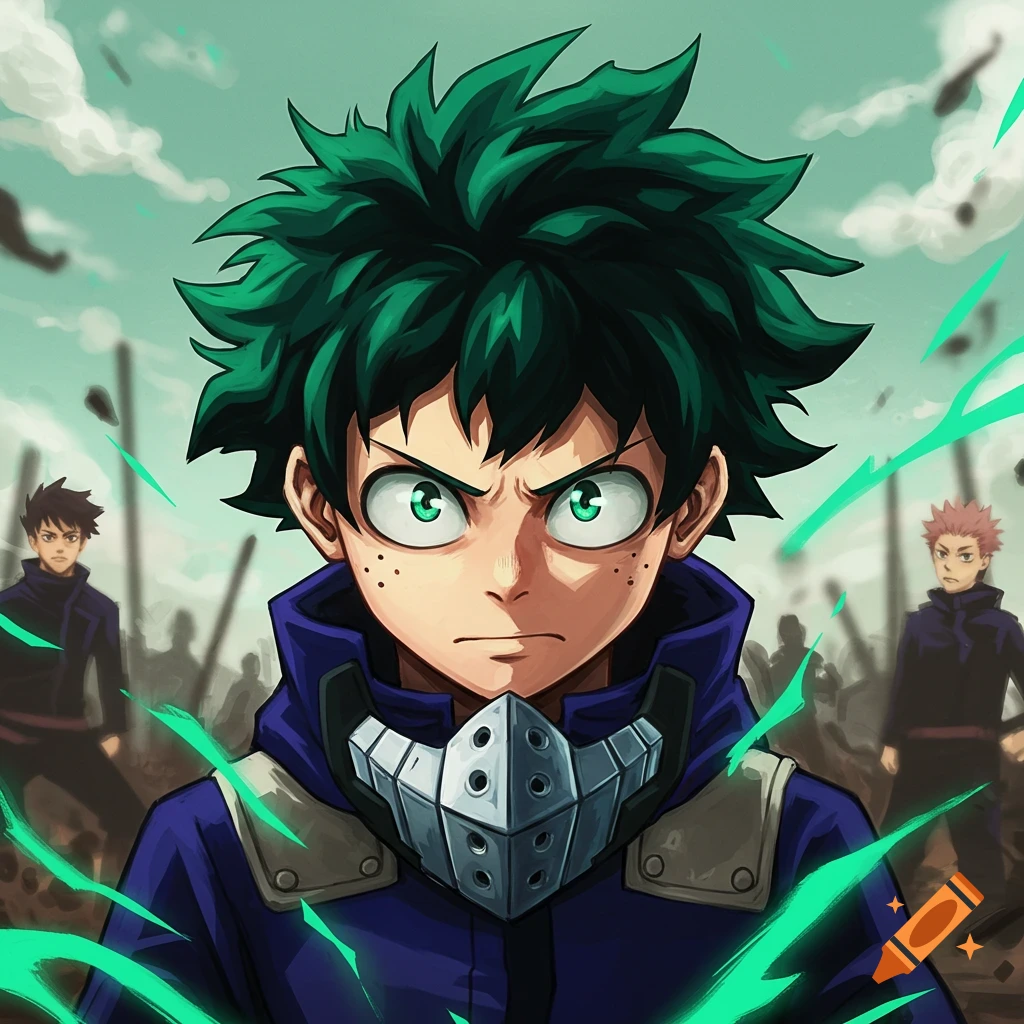 An anime illustration of Izuku Midoriya with an intense expression, wearing his mask, with figures in the background.