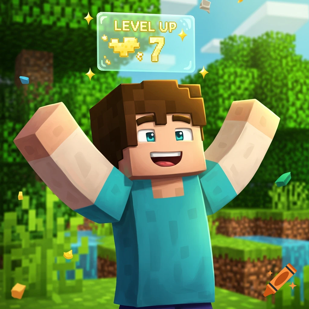 Minecraft character celebrating a 'Level Up 7' achievement in a blocky landscape.
