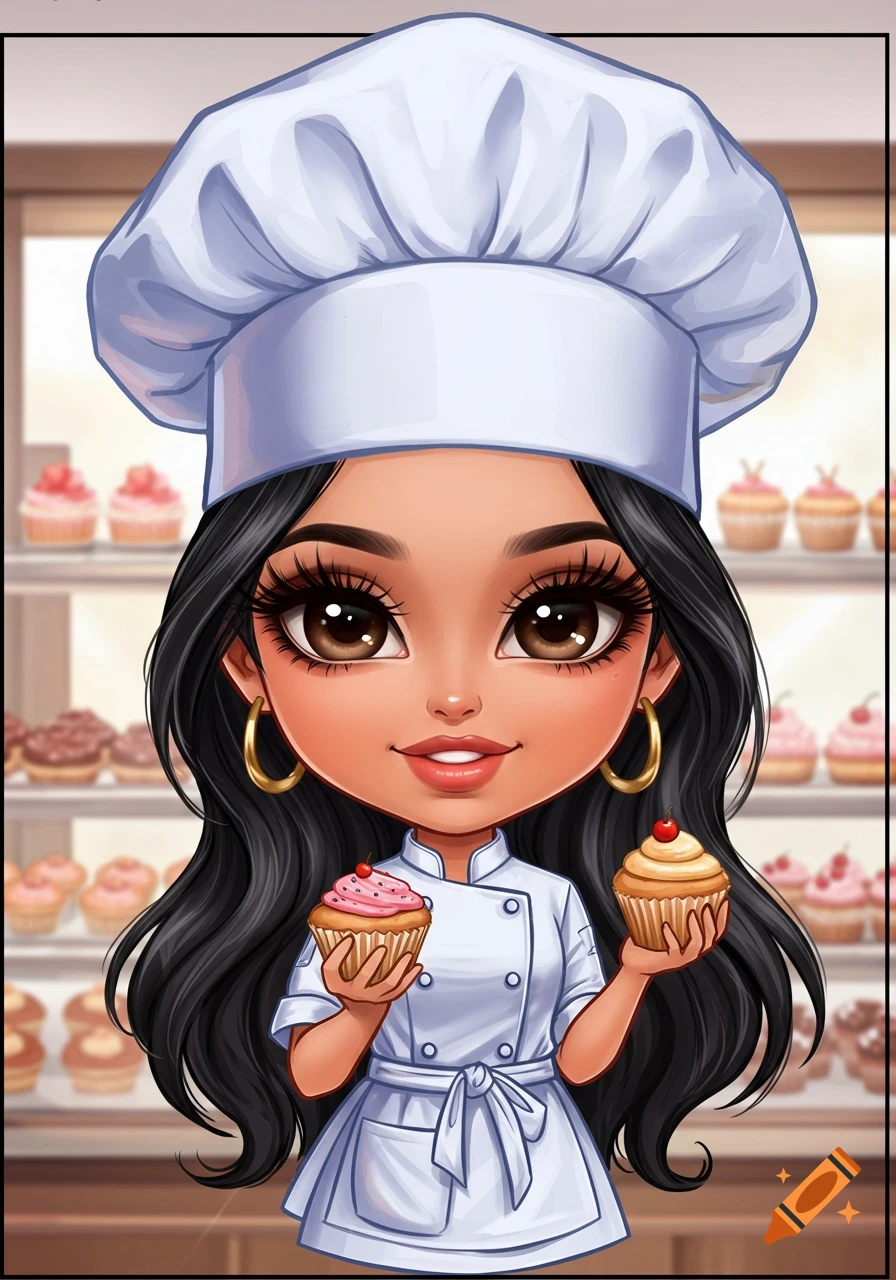 Chibi cartoon of a female baker holding cupcakes in a bakery