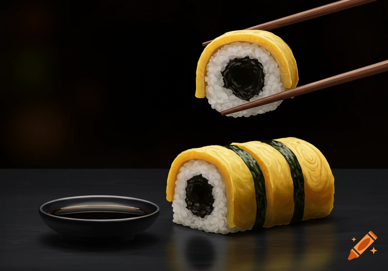 Chopsticks hold a sushi piece over a sushi roll and soy sauce dish.