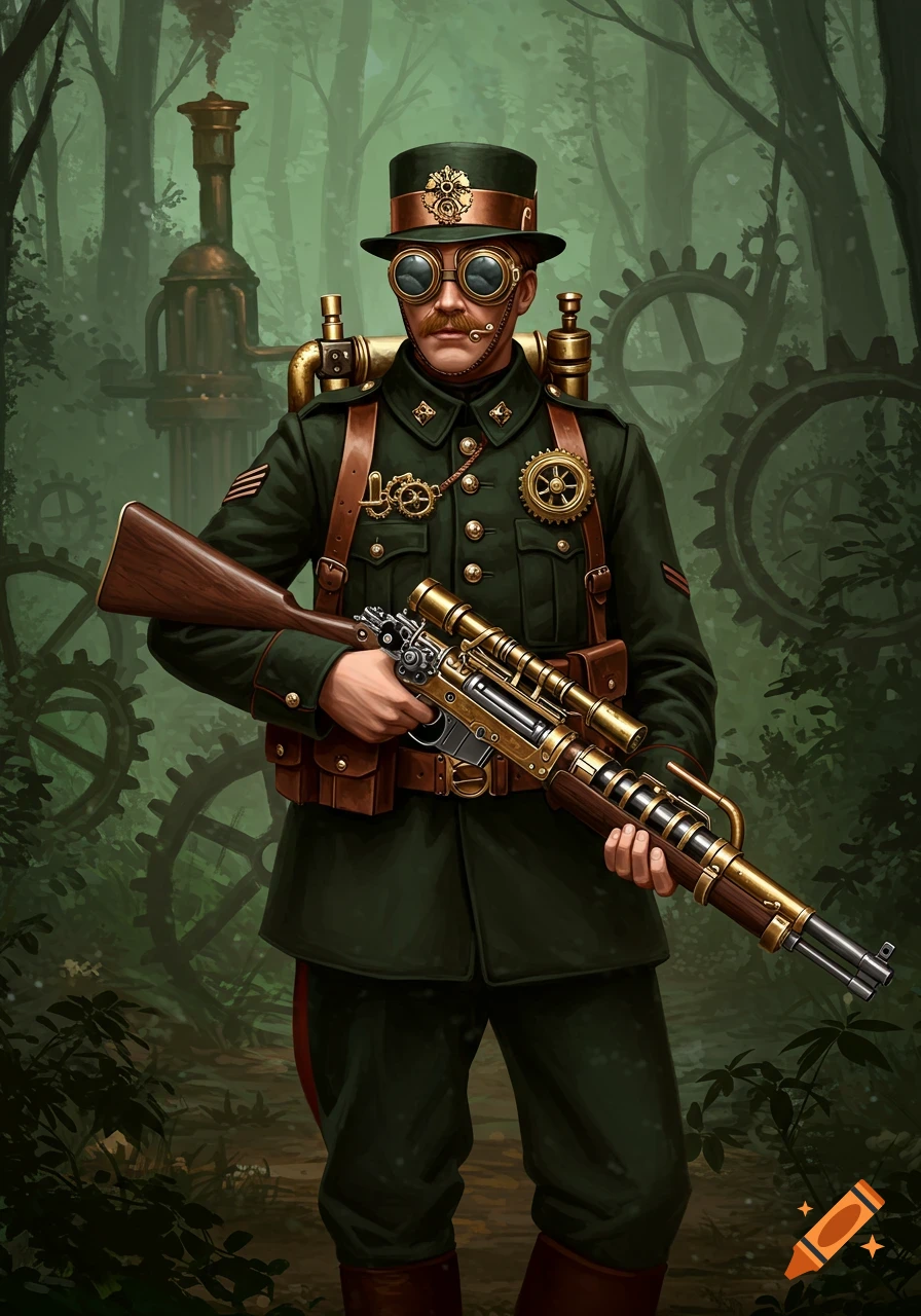 A steampunk rifleman in a dark green uniform stands in a forest with large gears in the background.