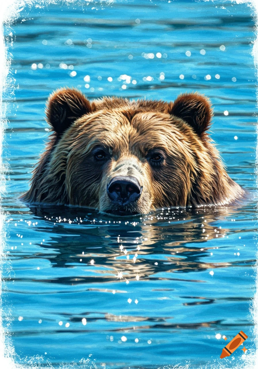 A grizzly bear's head is partially submerged in sparkling blue water.