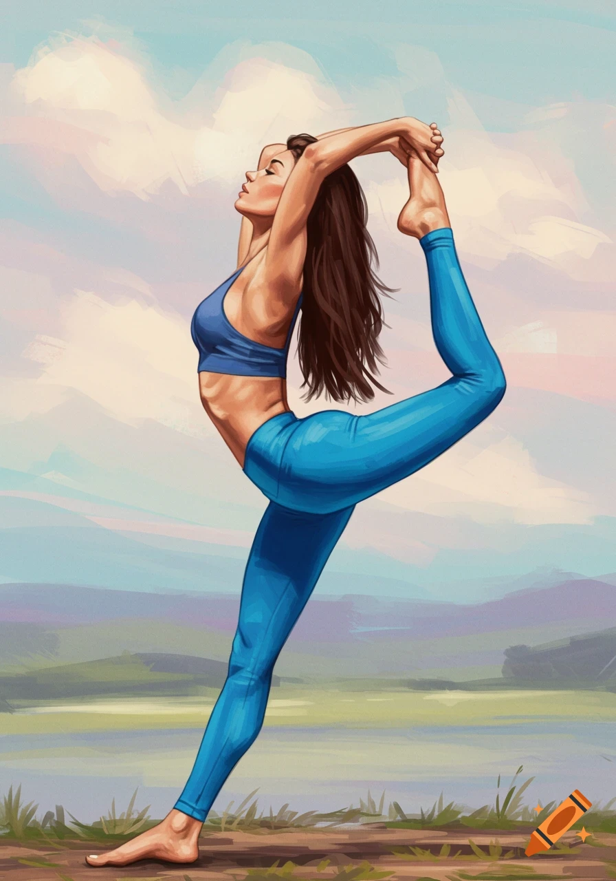 Woman in blue performing a yoga pose against a landscape background, painterly style.