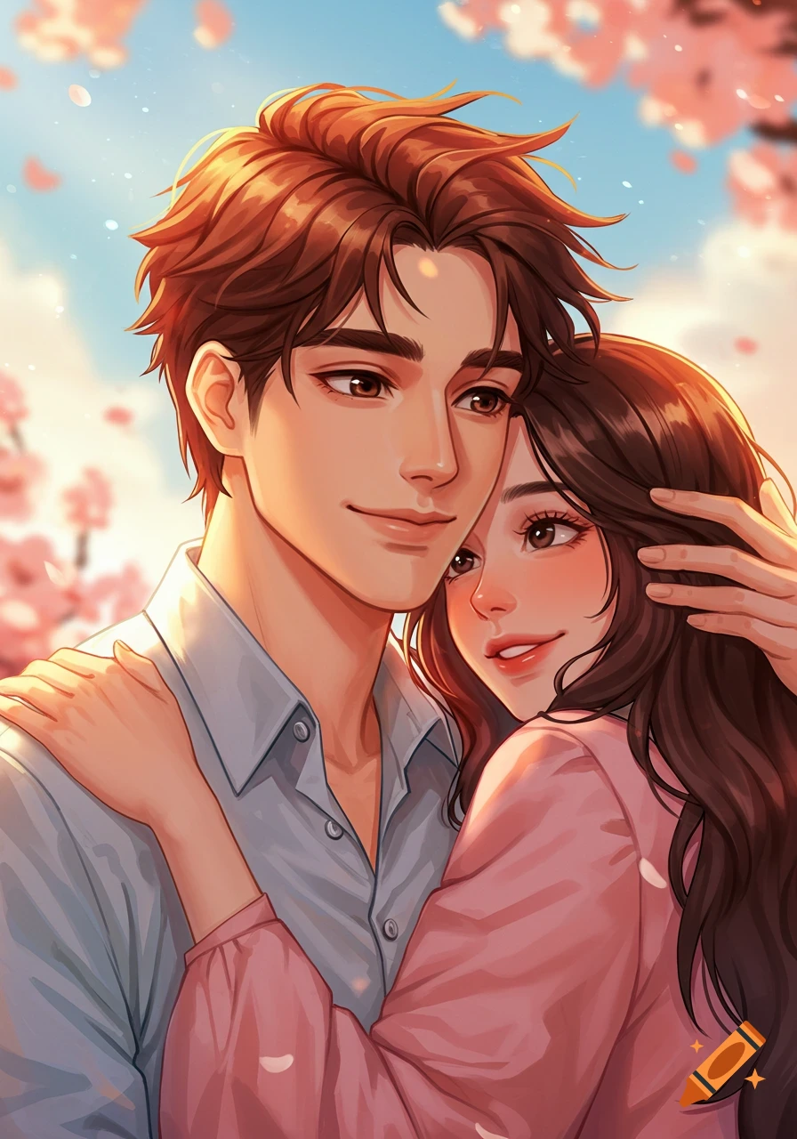 An illustration of a couple embracing under pink cherry blossoms. on ...