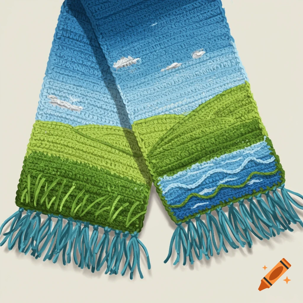 A digital illustration of a crochet scarf with a landscape design featuring sky, hills, river, and fringe.