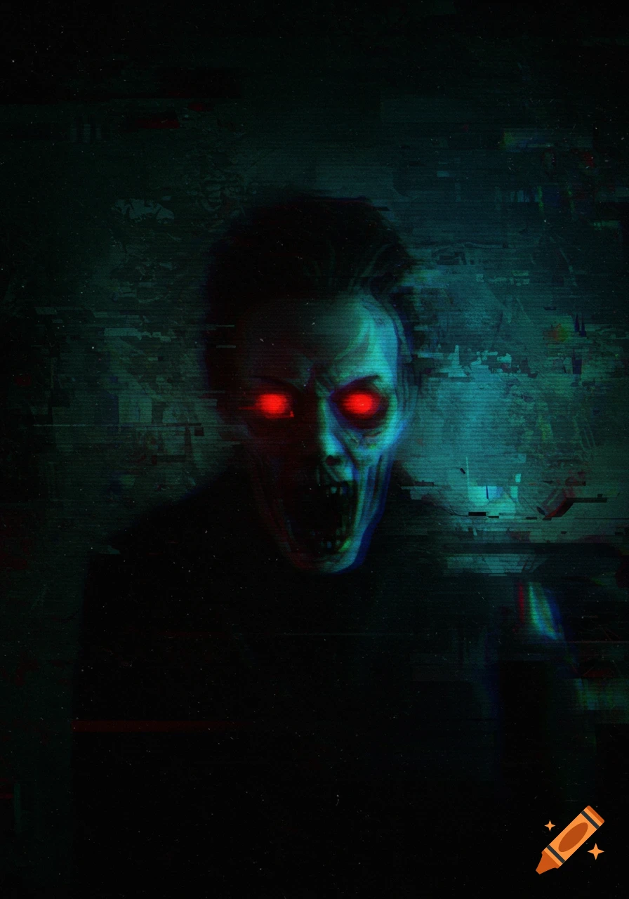 A glitching monstrous face with glowing red eyes in a dark, scary style.