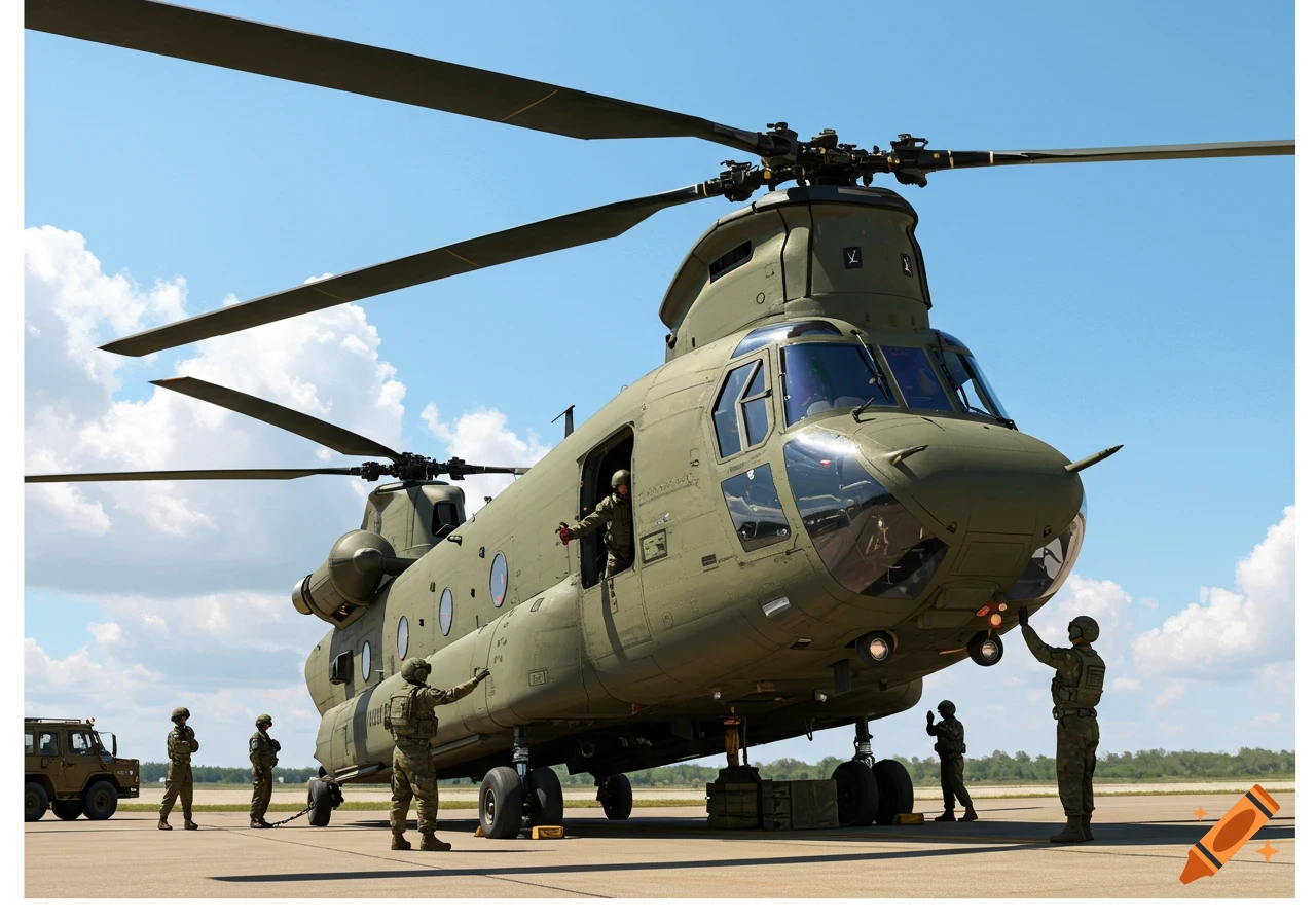 A large military heavy-lift helicopter on a tarmac with soldiers standing nearby, photorealistic