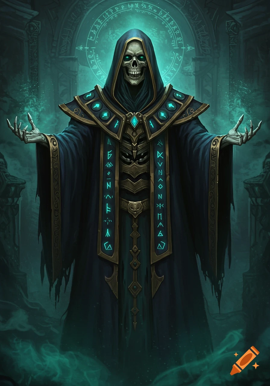 Skeletal lich in dark robes with glowing runes and hands outstretched, surrounded by green mist in a fantasy setting.