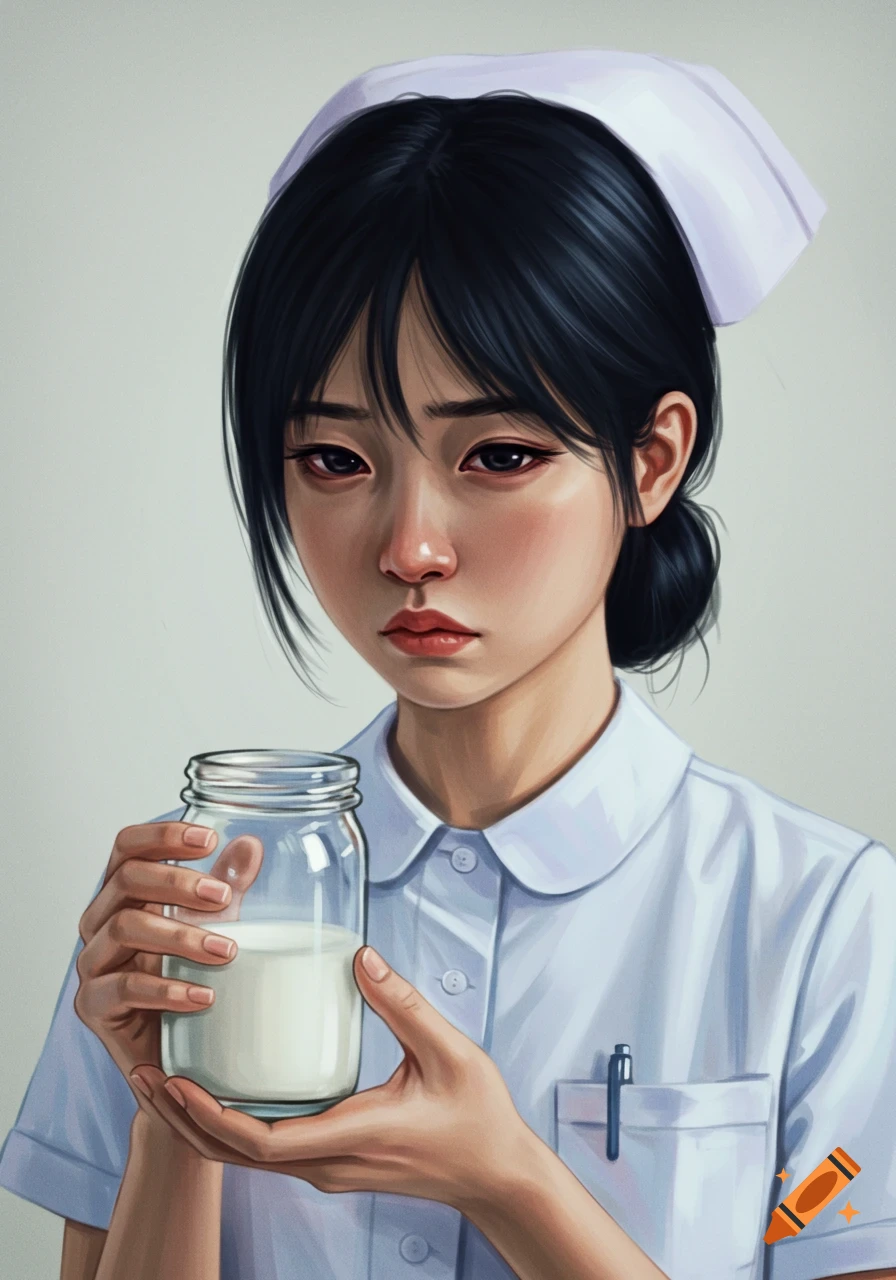 Digital painting of a sad nurse holding a jar of milk.