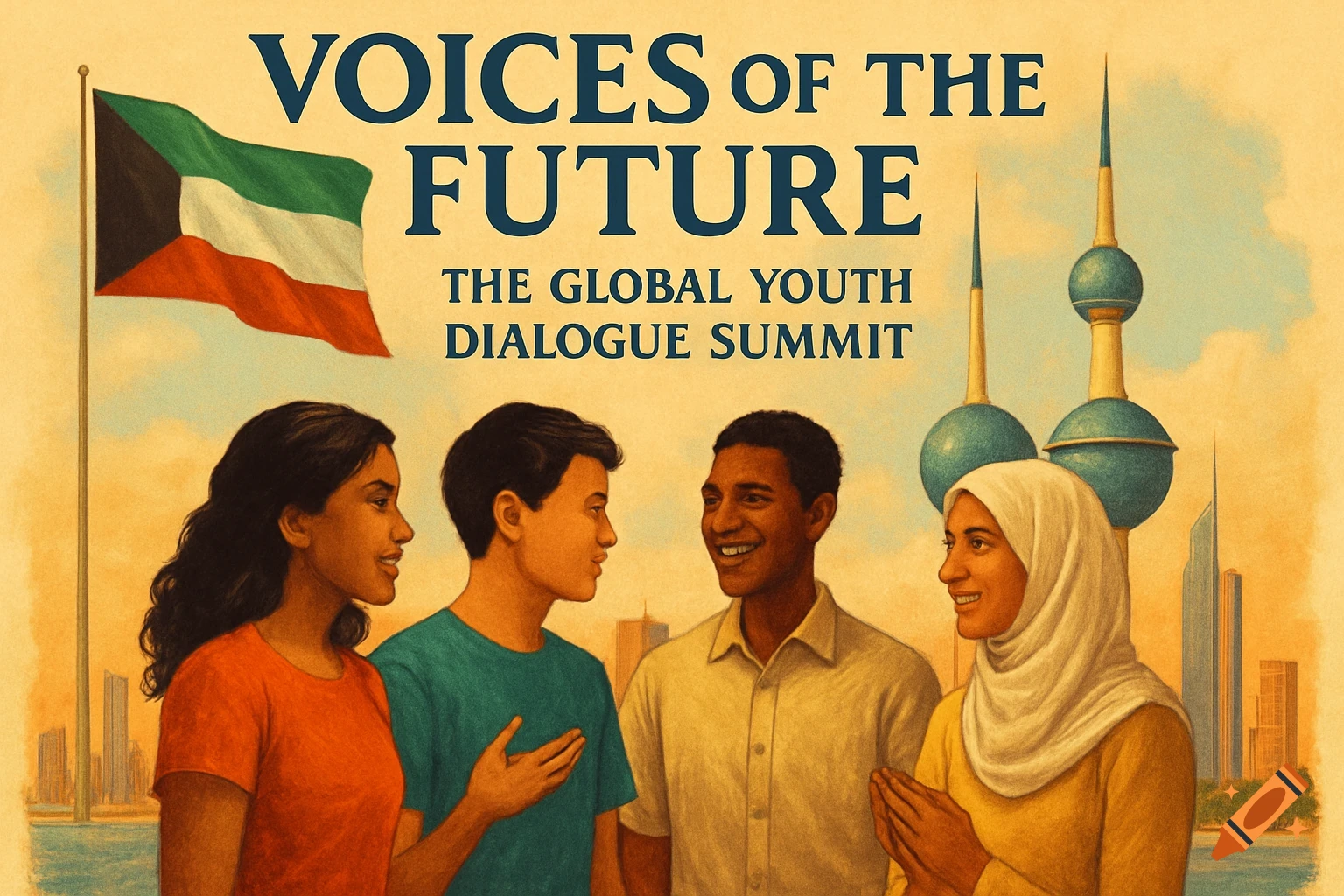 Poster for the Global Youth Dialogue Summit showing four young people, the Kuwait flag, and skyline, with the title text.