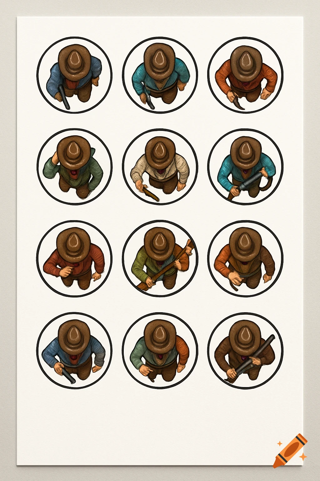 Top-down view of cowboy tokens for a board game, each in a circle holding a weapon.