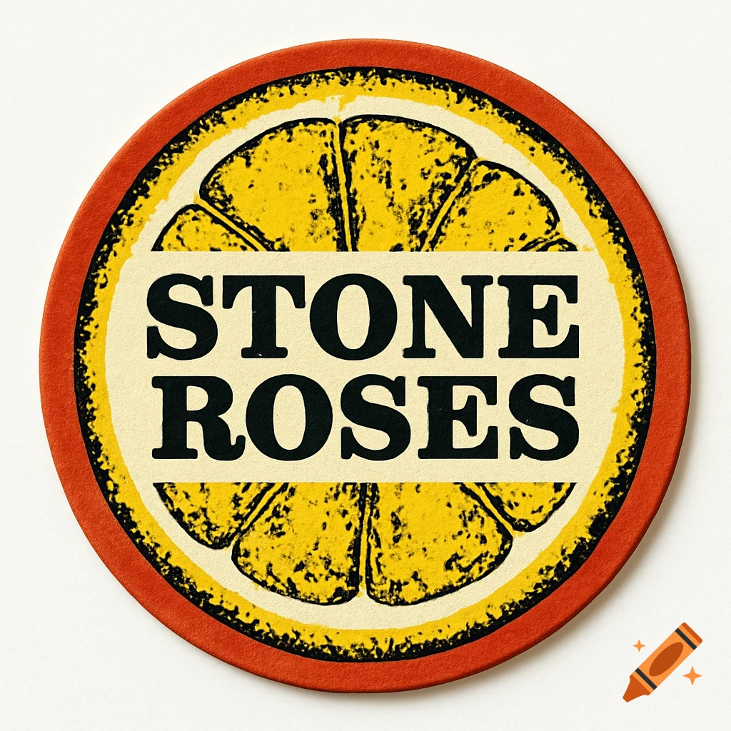 Circular beer mat with orange slice design and 'STONE ROSES' text