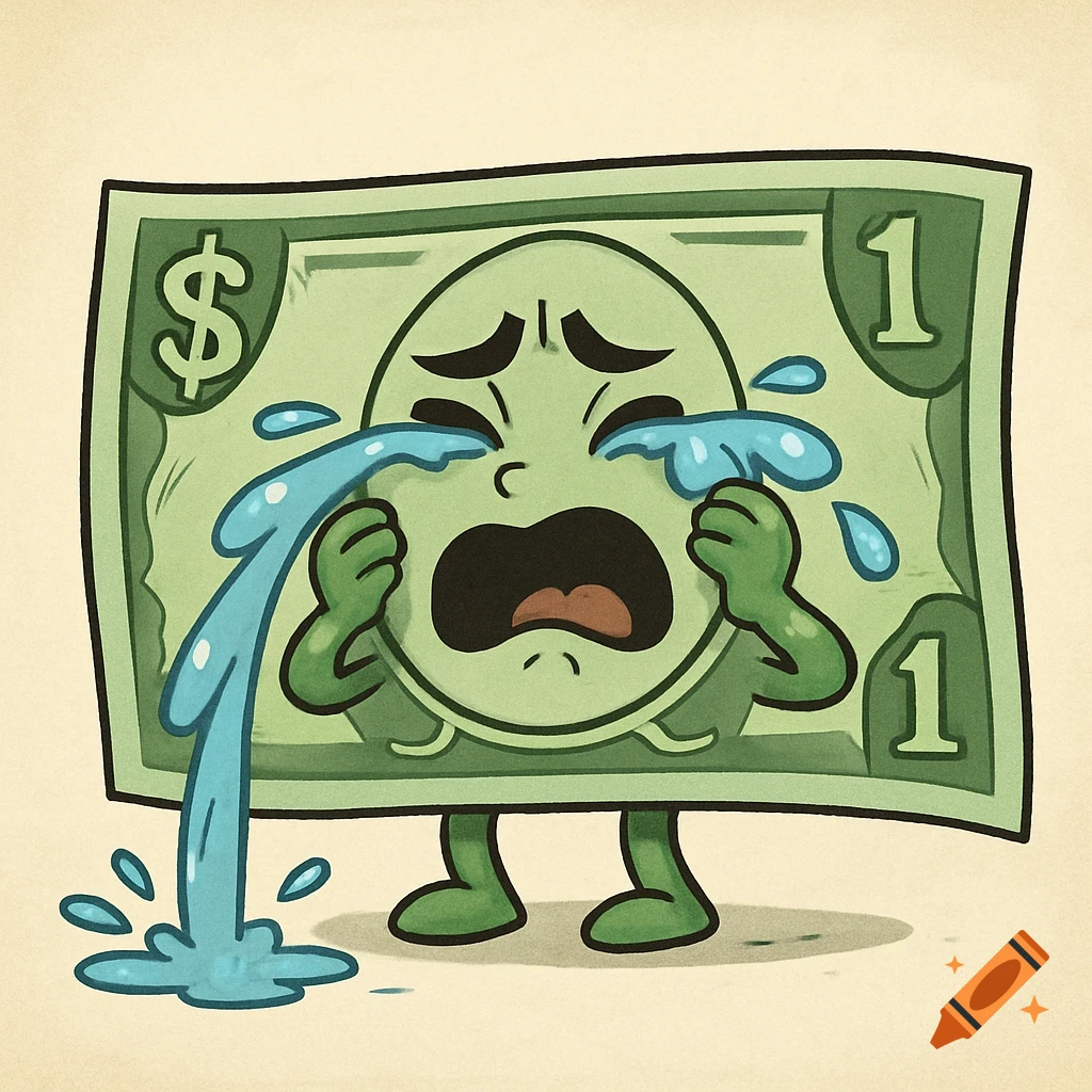 Cartoon dollar bill character with a sad face crying heavily.