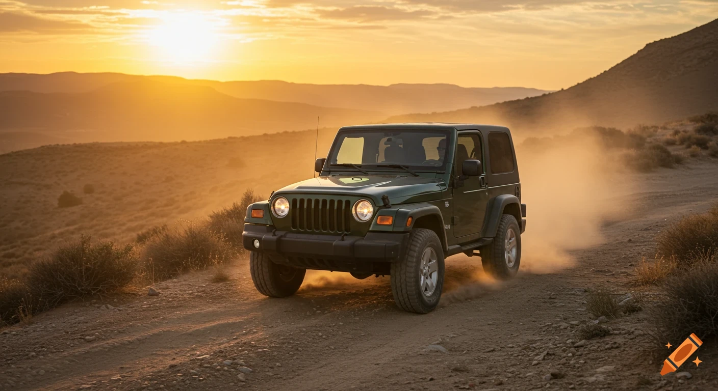 A green Jeep Wrangler drives on a dirt road through a golden landscape at sunset, kicking up dust.