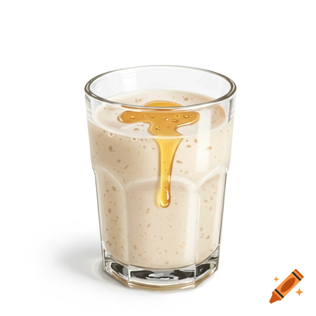 Glass of oat milk with honey dripping into it