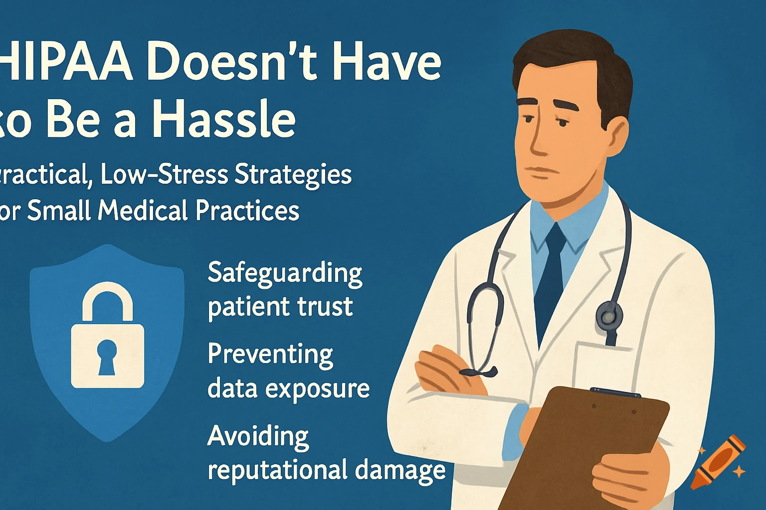 Illustration of a doctor next to text about HIPAA compliance and protecting patient data.