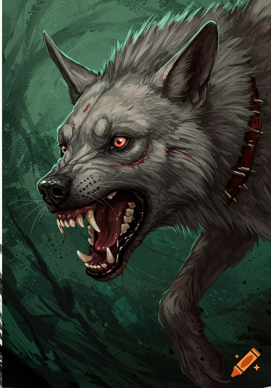 Illustrative portrait of a snarling, aggressive wild dog with red eyes, blood, and bared teeth.